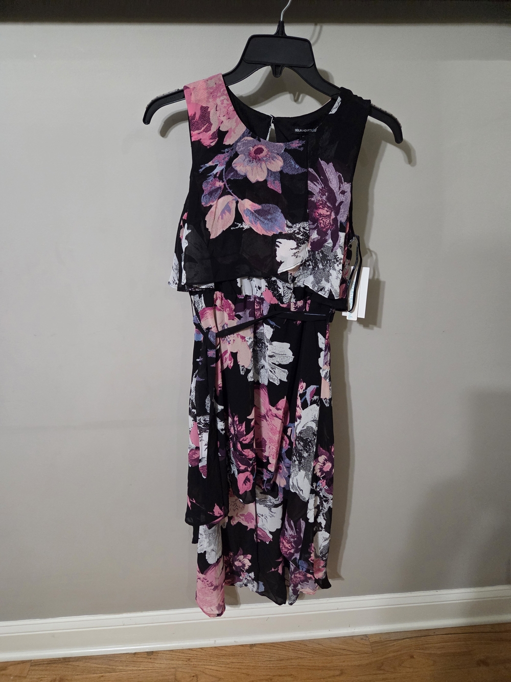 Sequin Hearts Black Floral Midi Dress with Pink & Purple